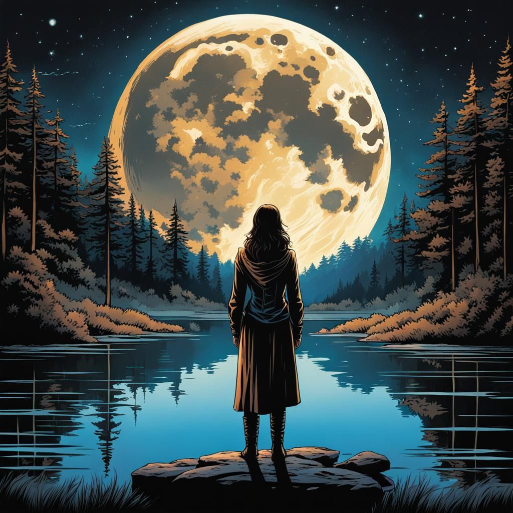 Moonlit Reflection: Woman and Starry Night in Comic Art
