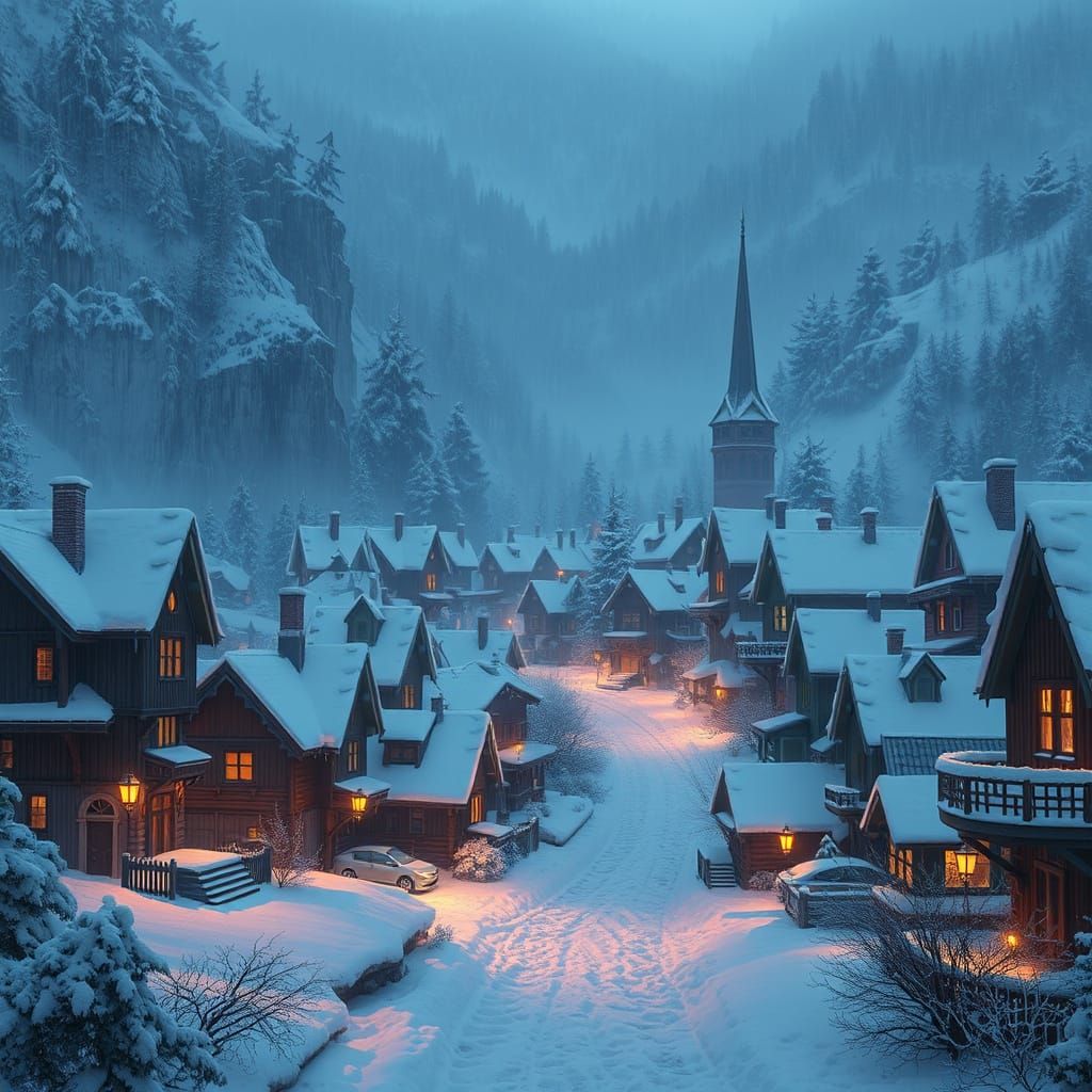 Fantastical Winter Wonderland Townscape in Deep, Vibrant Col...