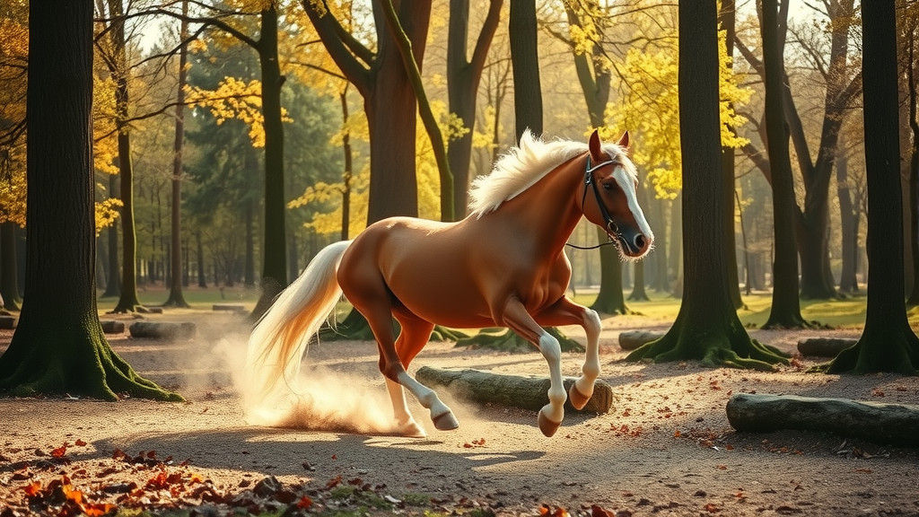 Friesian Horse Running in Sunlit Woods