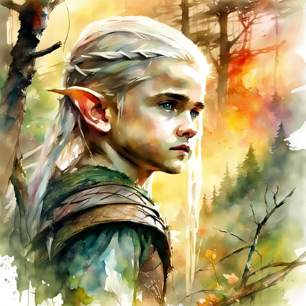 Chibi Elf Legolas in Watercolor Fantasy Landscape
