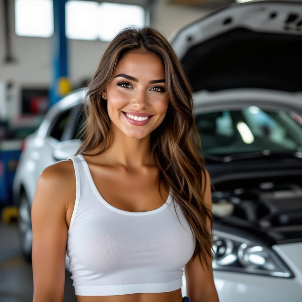 Beautiful Brunette Mechanic in Car Garage