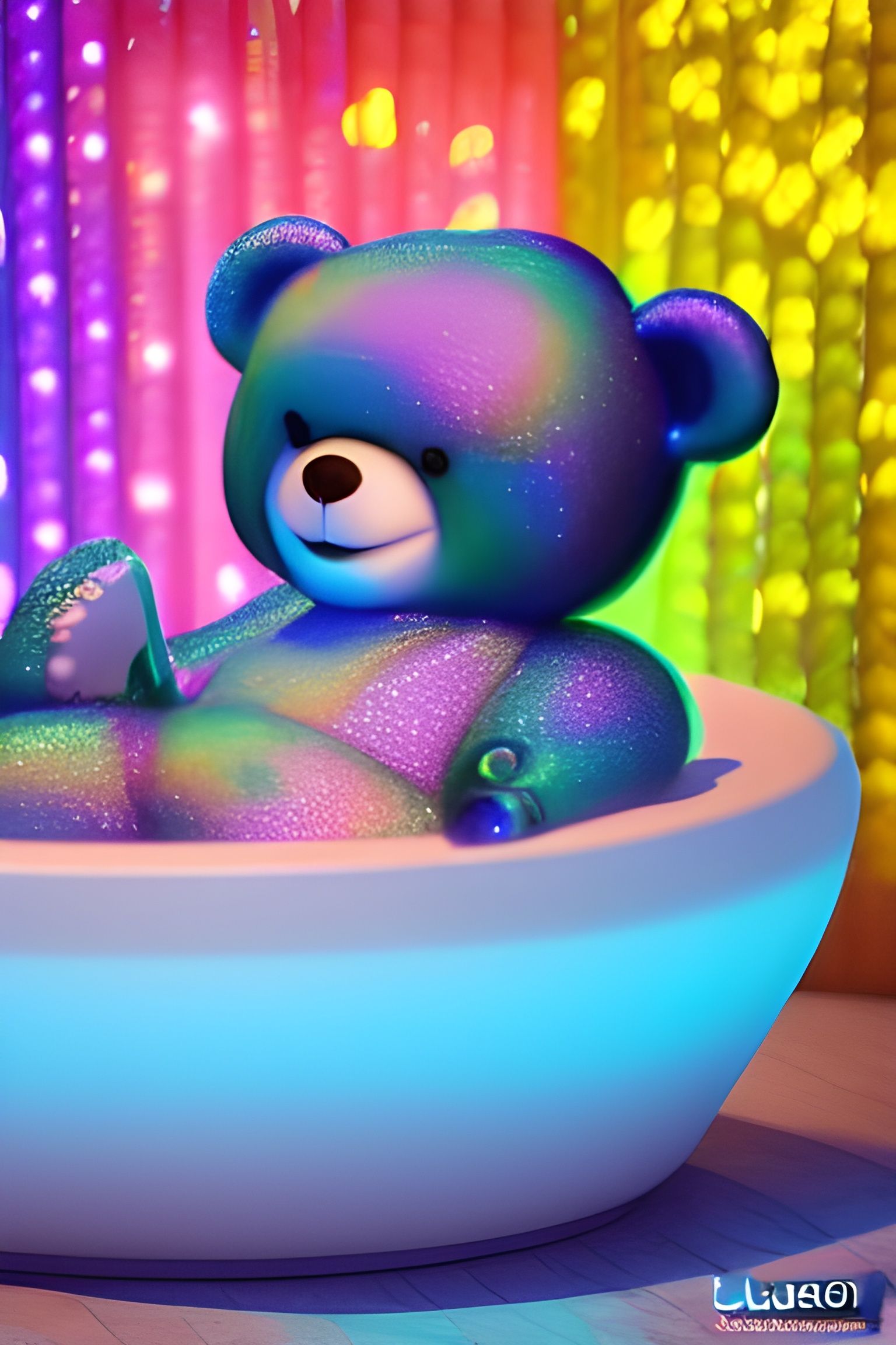 Cute Teddy Bear in Candy Pool, Pixar Style
