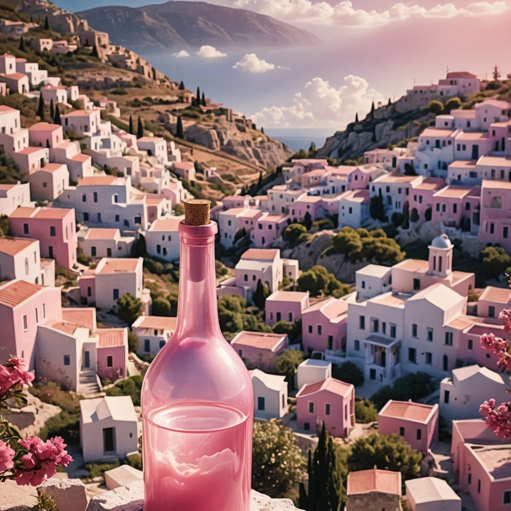 Pink Greek Village in a Bottle
