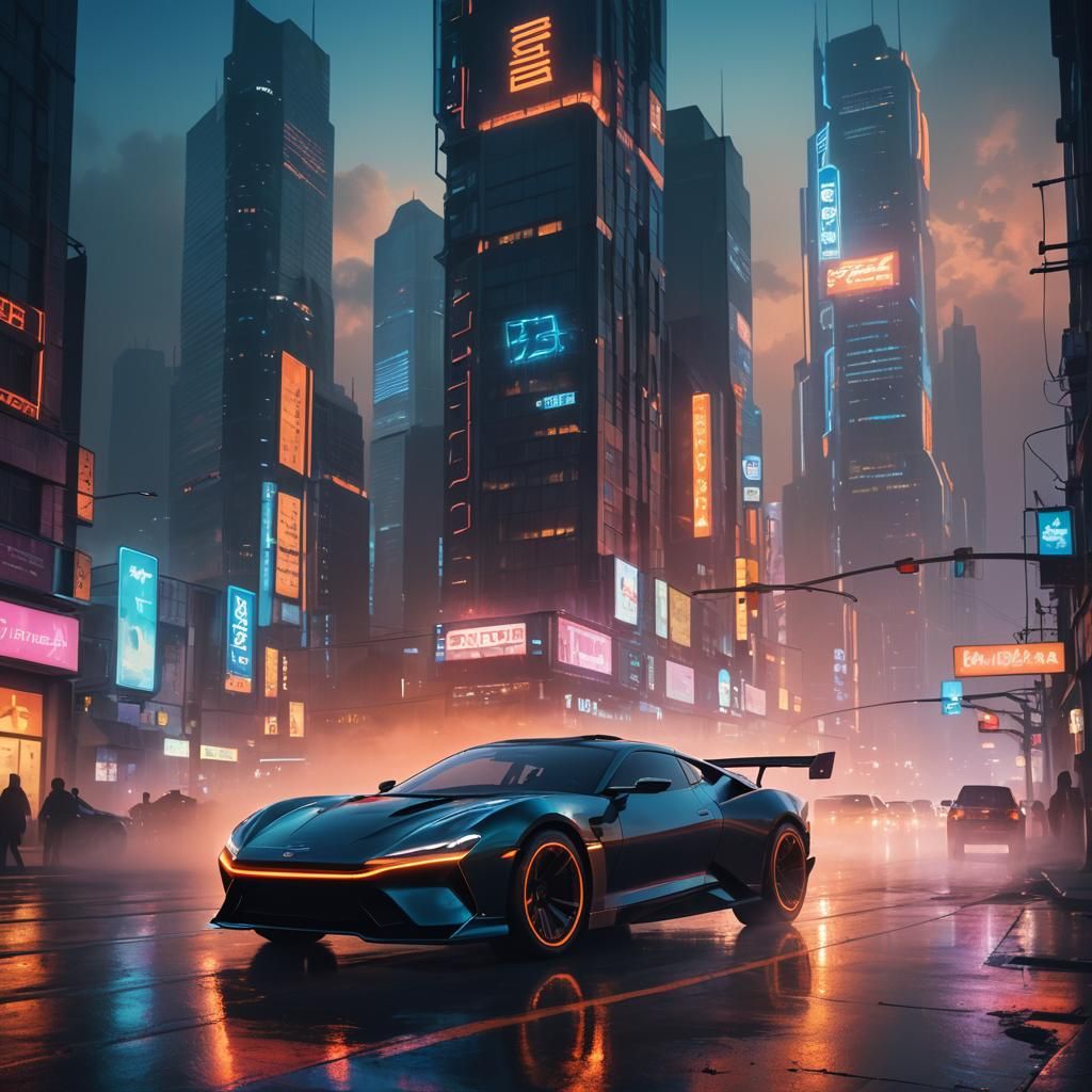 Futuristic Car Speeds Through Neon Cityscape