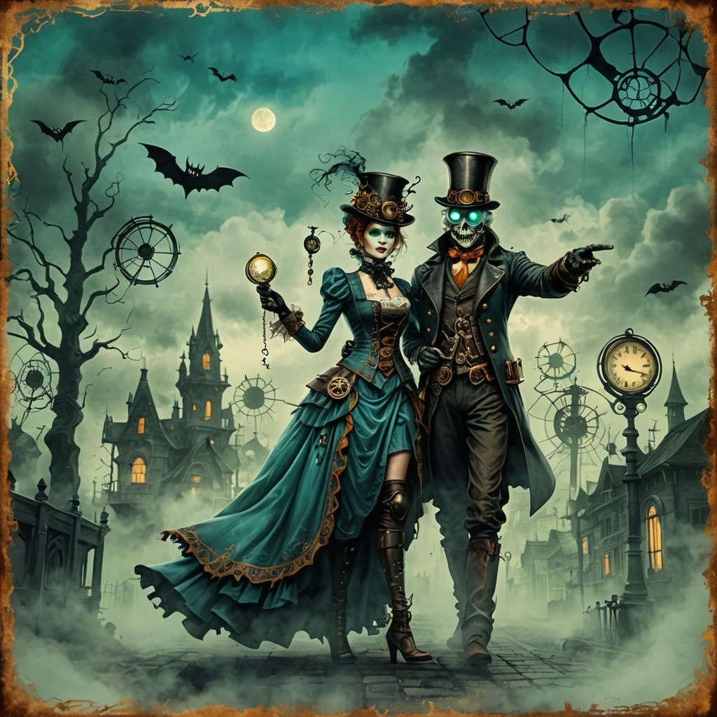 Halloween Steampunk Ink Painting with Pumpkins and Torches