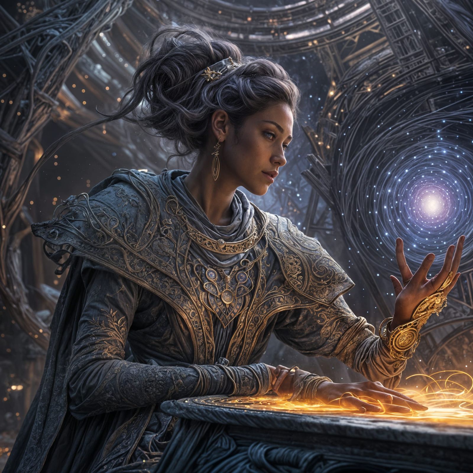 Celestial Seamstress Weaving Starlight Gowns, Art Nouveau St...