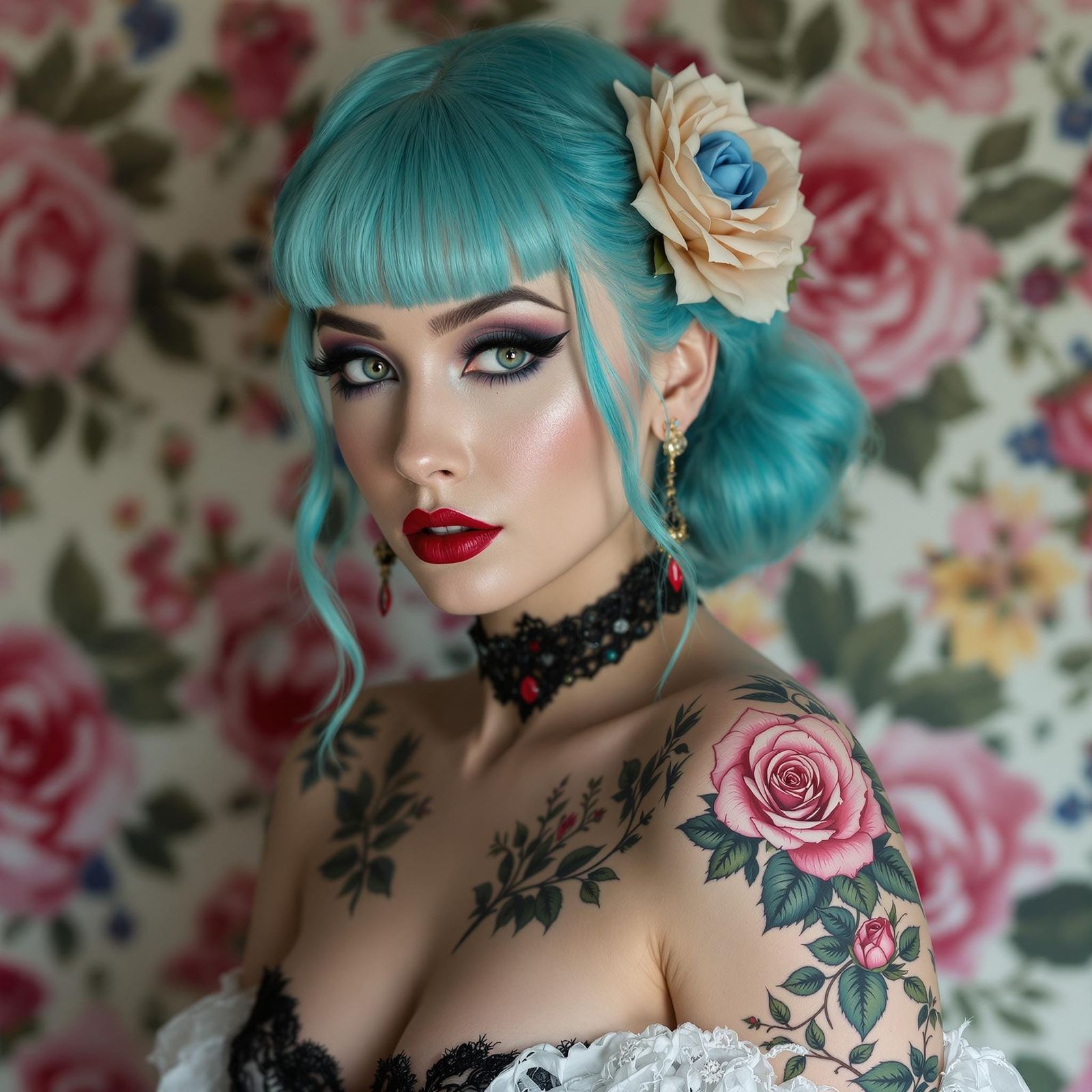 Gothic Goddess with Turquoise Hair and Floral Backdrop