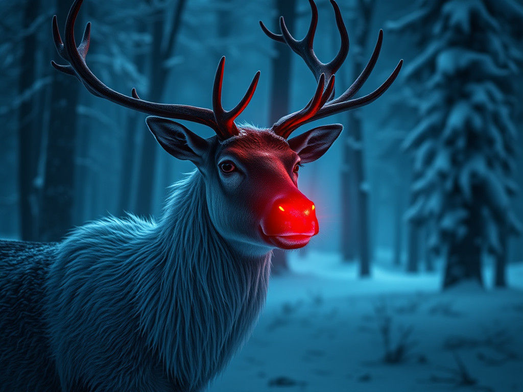 Reindeer with Red Nose in Snowy Forest at Night
