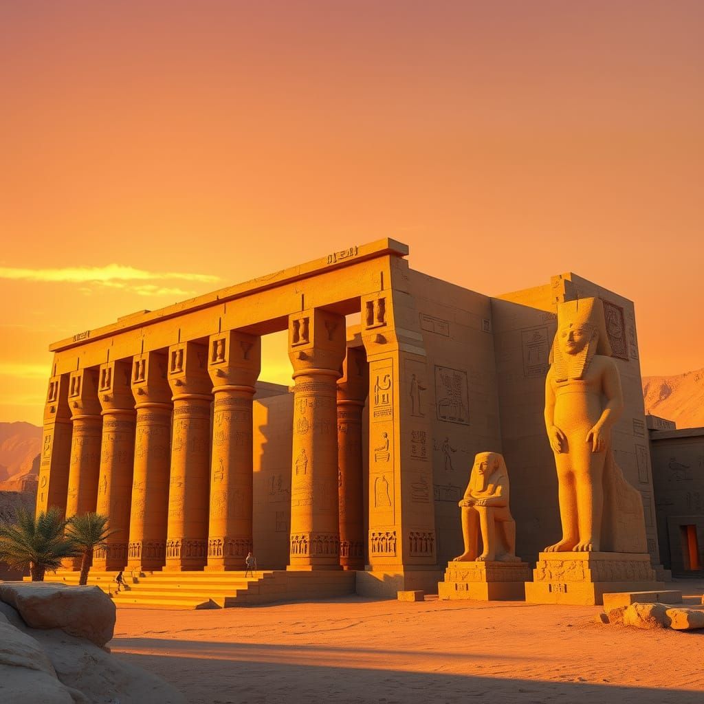 Ancient Egyptian Temple Complex in Vibrant Sunset Hues