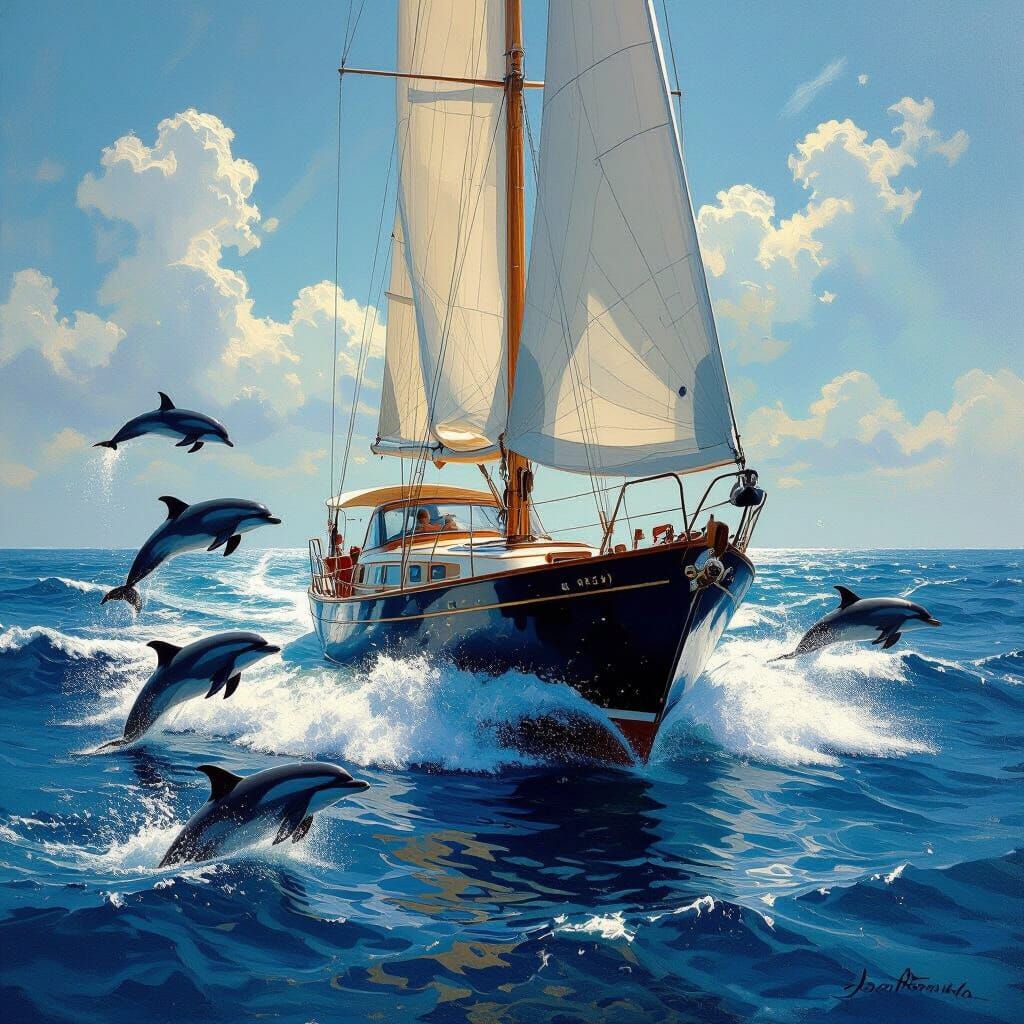 Elegant Yacht on Sunlit Seas with Playful Dolphins