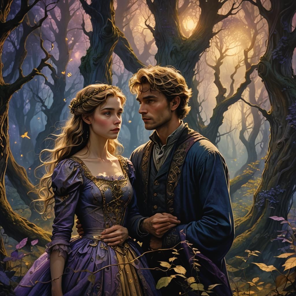 Enchanted Forest Couple in Dappled Twilight Light