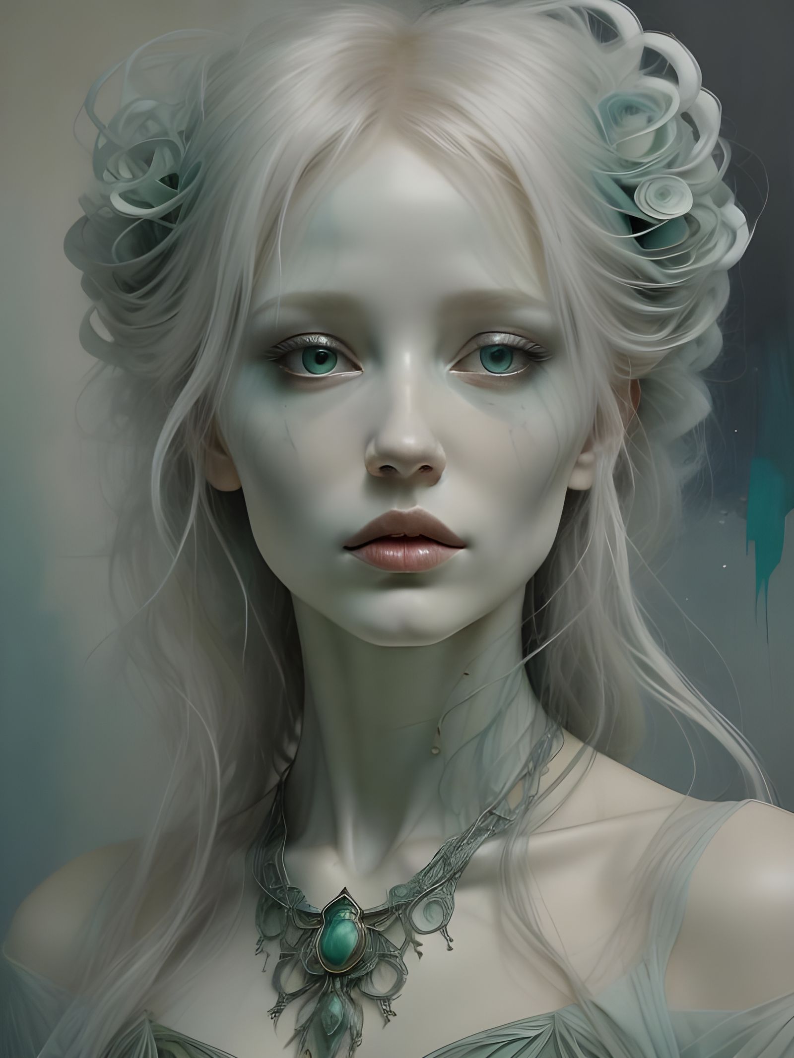 Elegant Albino Figure in Dreamlike Blue and Green