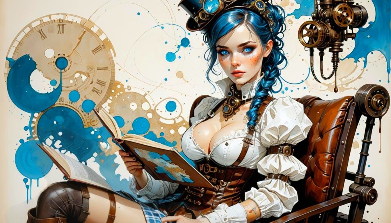 Steampunk Beauty with Blue Eyes, Impasto Painting
