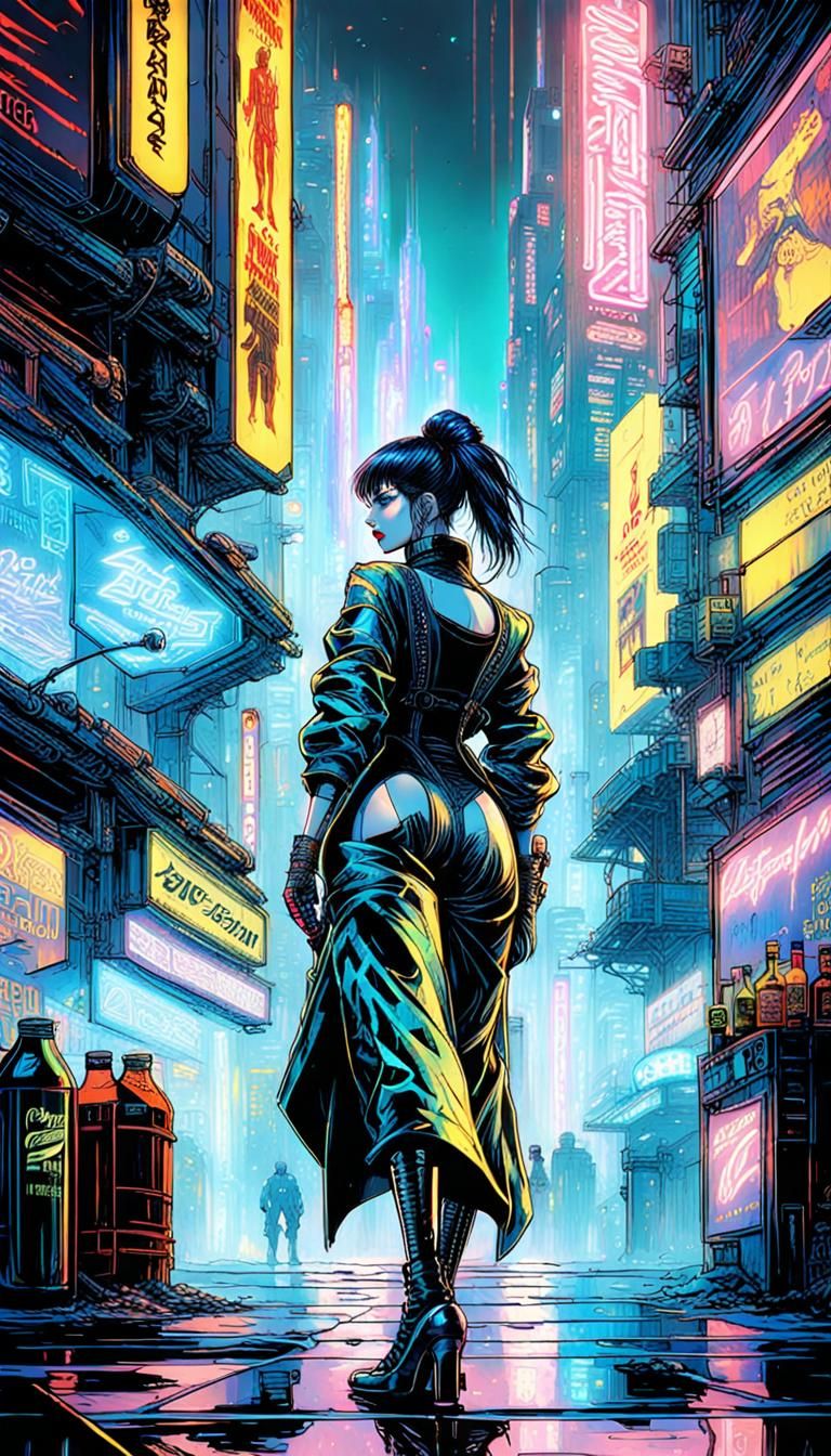 Cyberpunk Cityscape with Hologram Advertisement