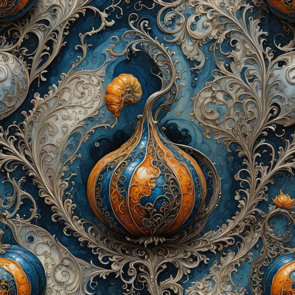 Surreal Marbled Gourd with Silver Filigree Illustration