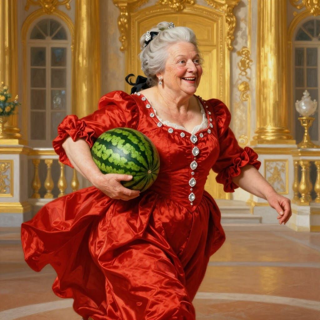 Joyful Woman in Red Gown with Watermelon Heading to Palace