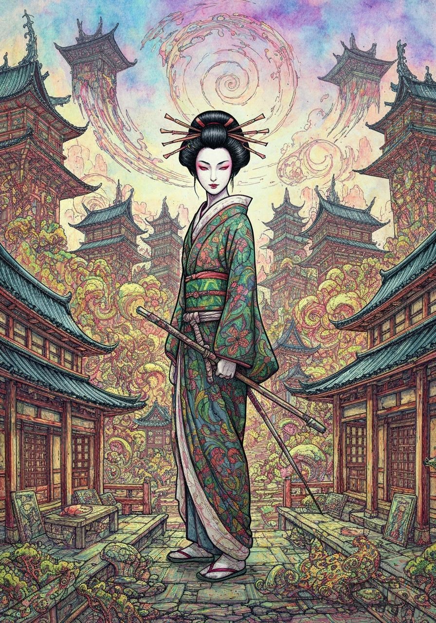Mysterious Geisha Samurai in Psychedelic Japanese Landscape