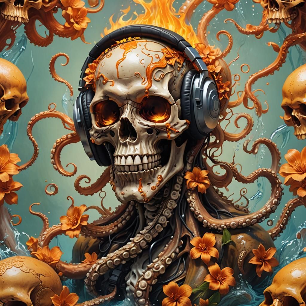 Flaming Skull Octopus in a Hyperrealistic Splash Art