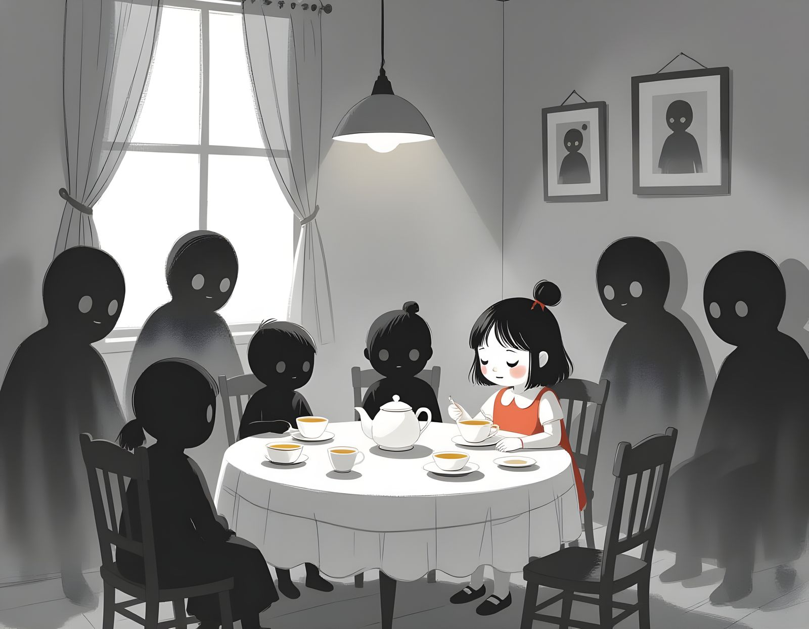 Unnerving Tea Party With Shadow Guests in Charcoal Style