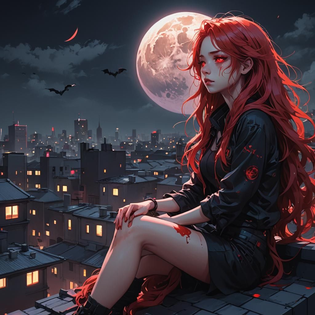 Anime Girl with Red Hair on Rooftop in Neon Night