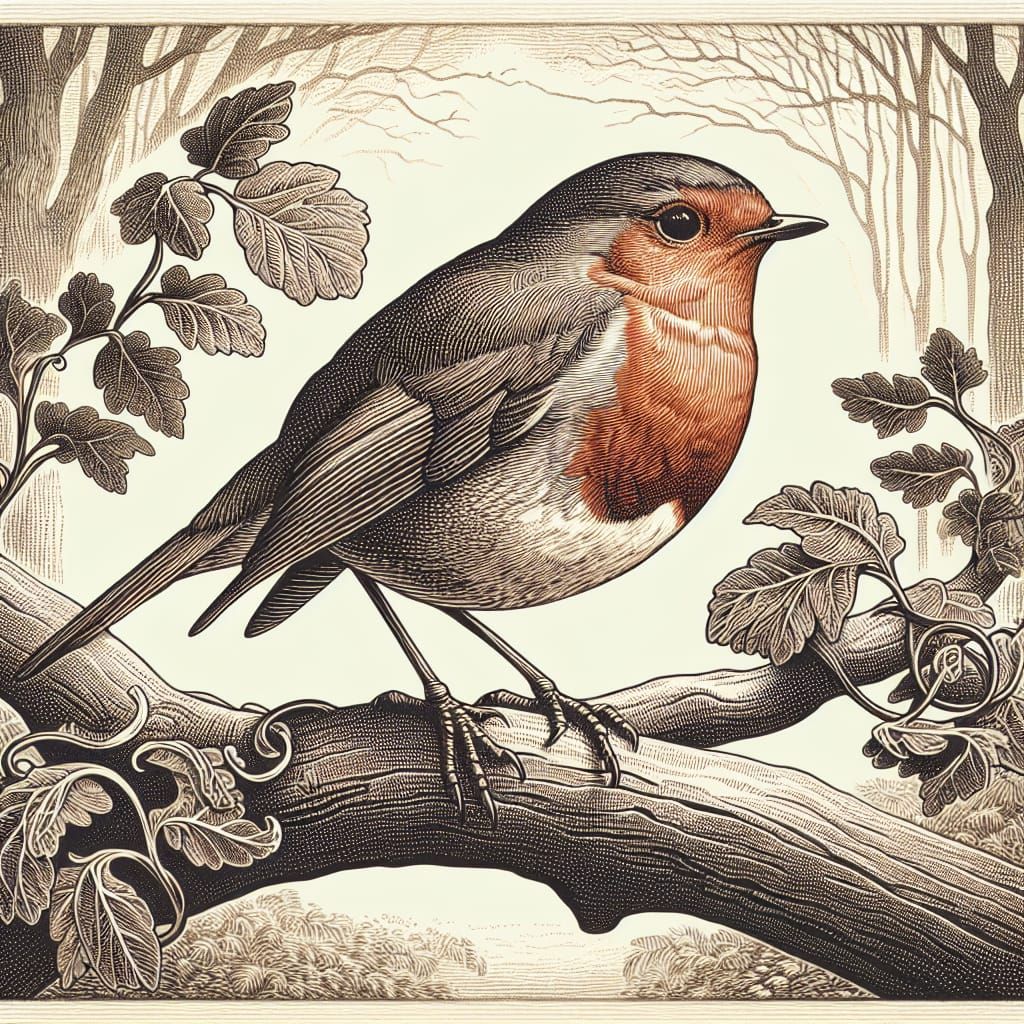 Robin Bird in Fine Art Etching Style