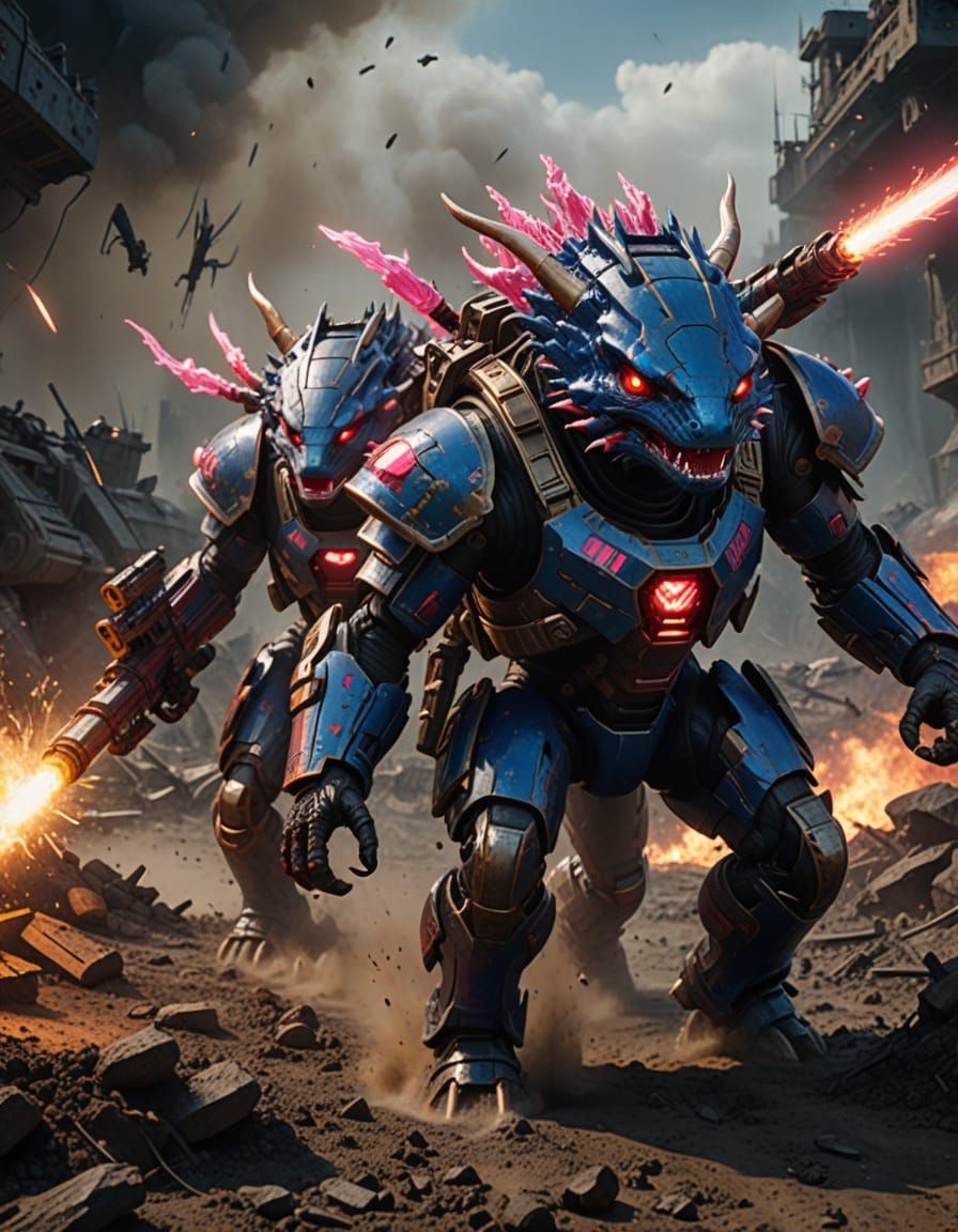 Dynamic Axolotl Warriors in War-Torn Battlefield