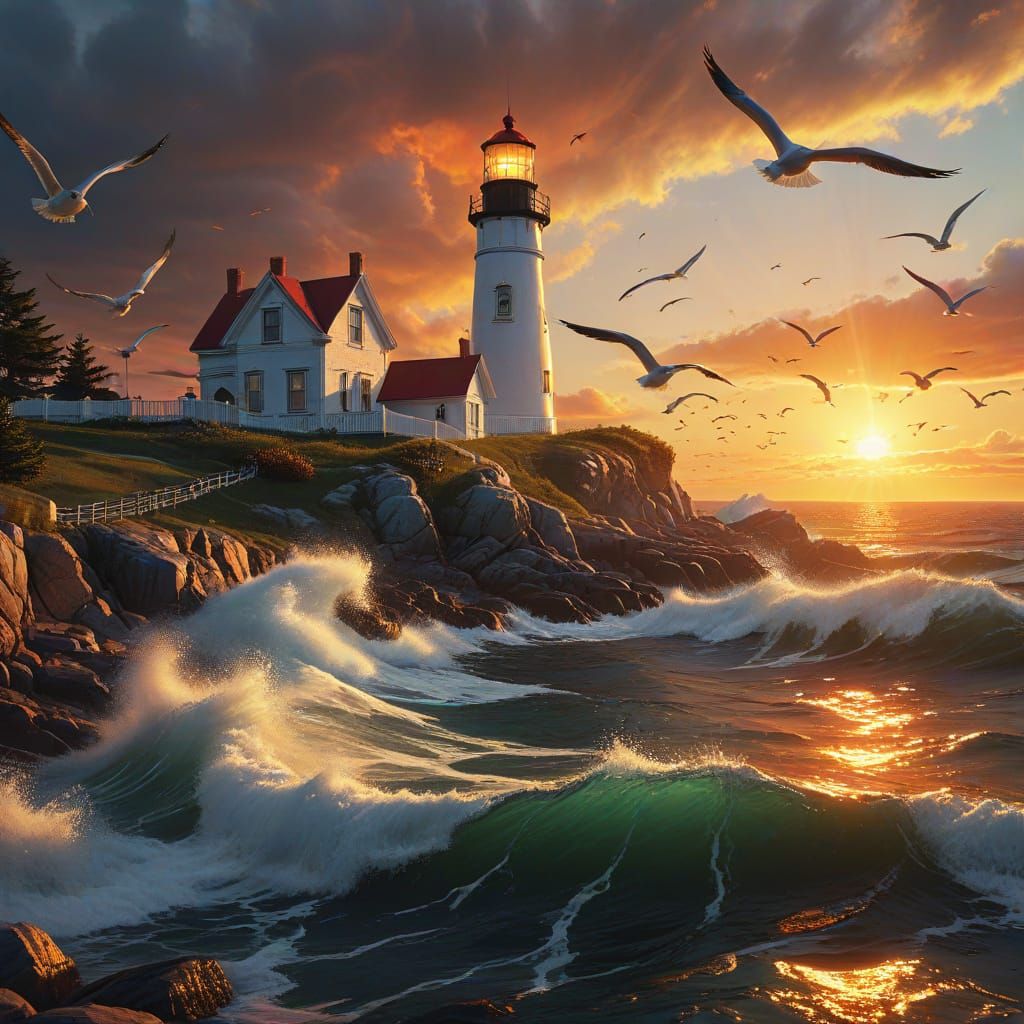 Fantasy Cape Elizabeth Lighthouse Sunset Oil Painting