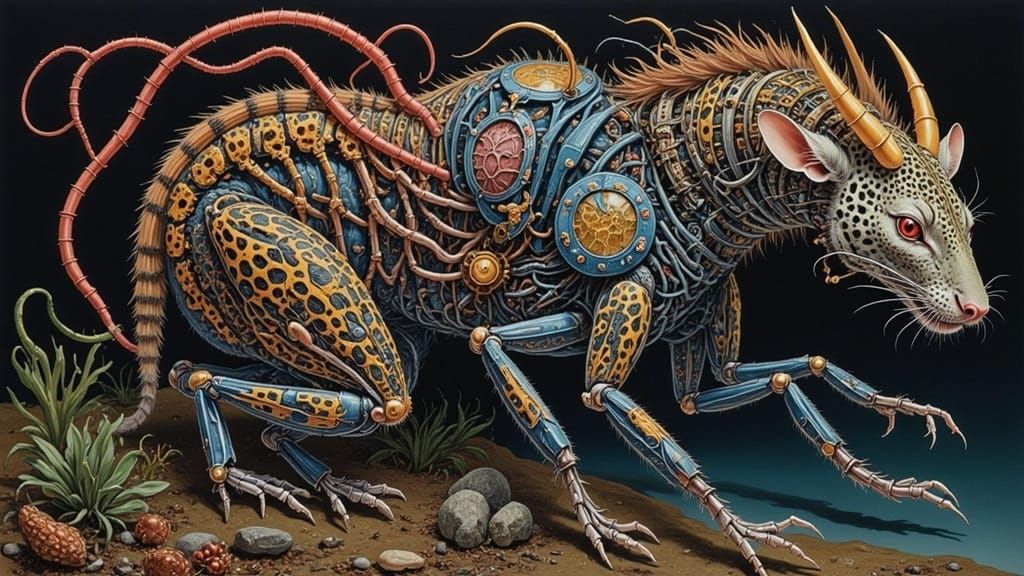 Biomechanical Chimera Emerging from Lair in Junji Ito Style