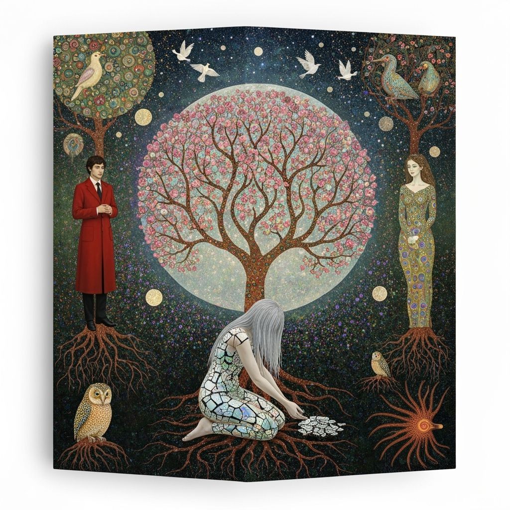 Iridescent Woman Blossoming from Forest Floor in Klimt Style