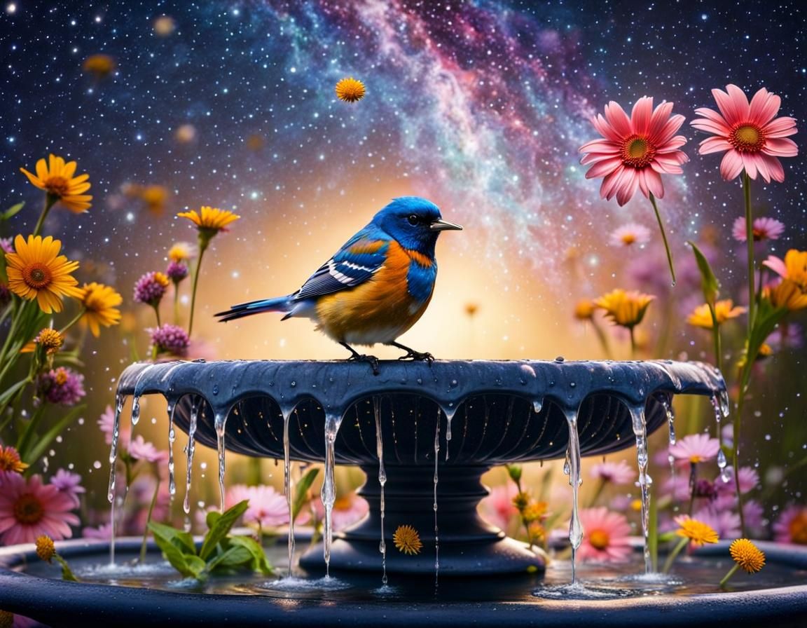 Colorful Bird on Fountain with Starry Sky
