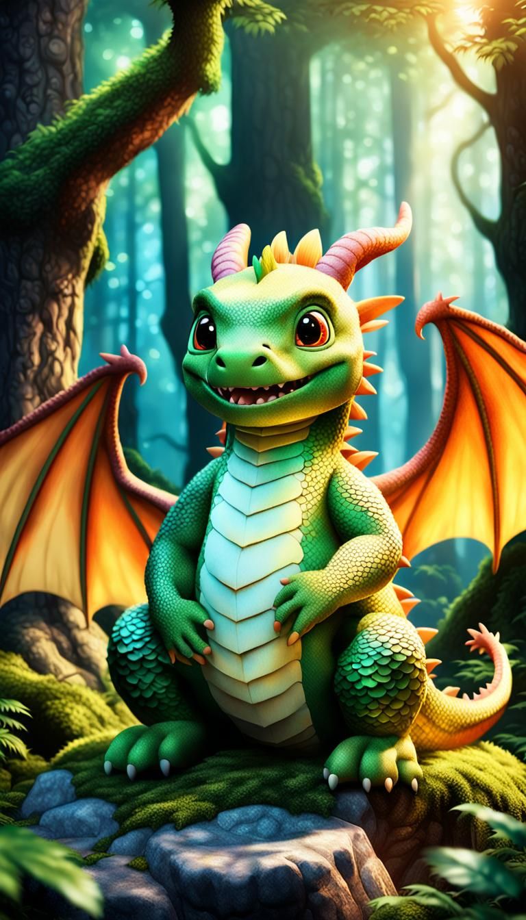 Anime Dragon and Teletubby in Forest Scene