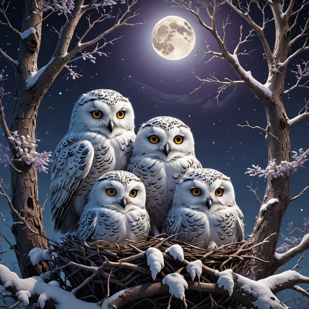 Snowy Owl Chicks Under Moonlit Sky: Digital Art