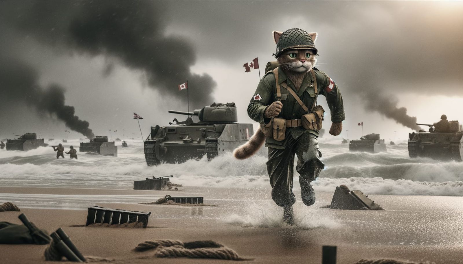 Anthropomorphic Cat Soldier on Juno Beach in Cinematic Style