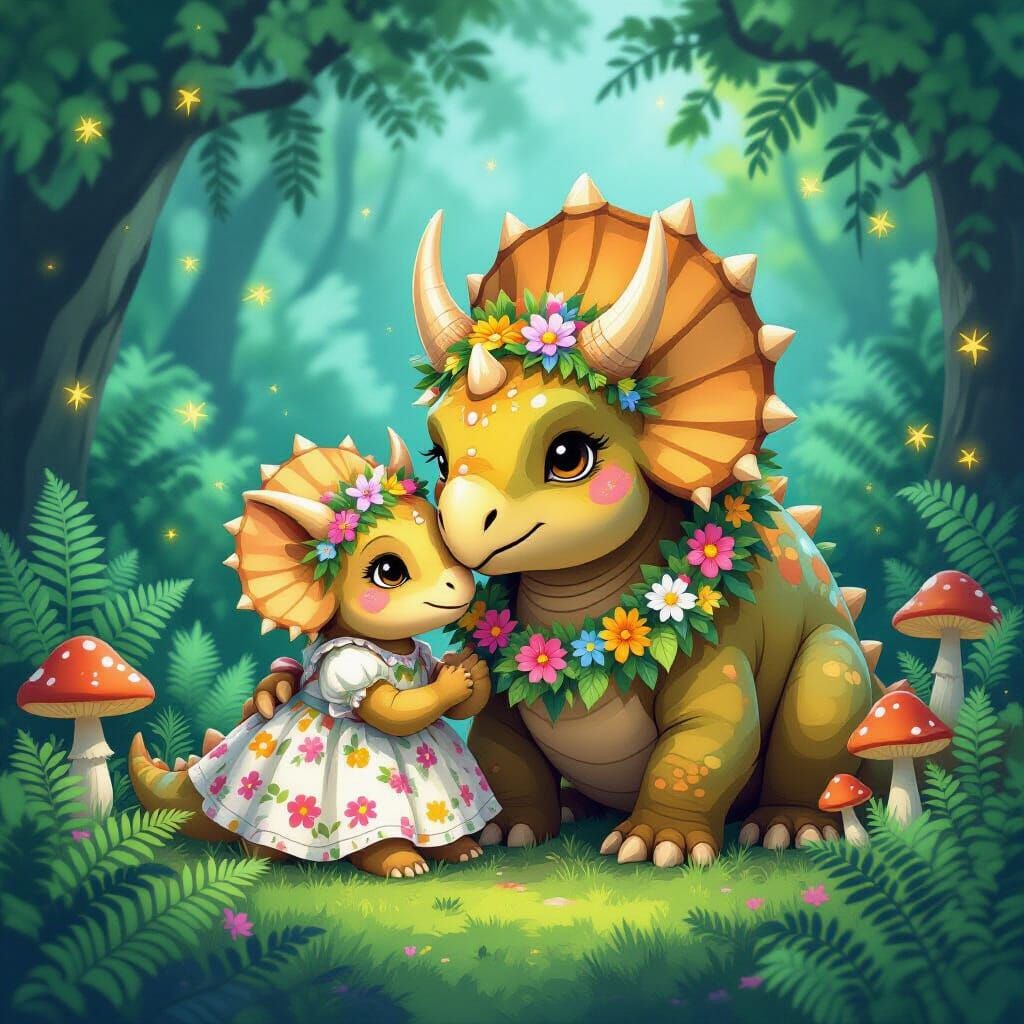 Bioluminescent Triceratops Family in Glowing Jungle