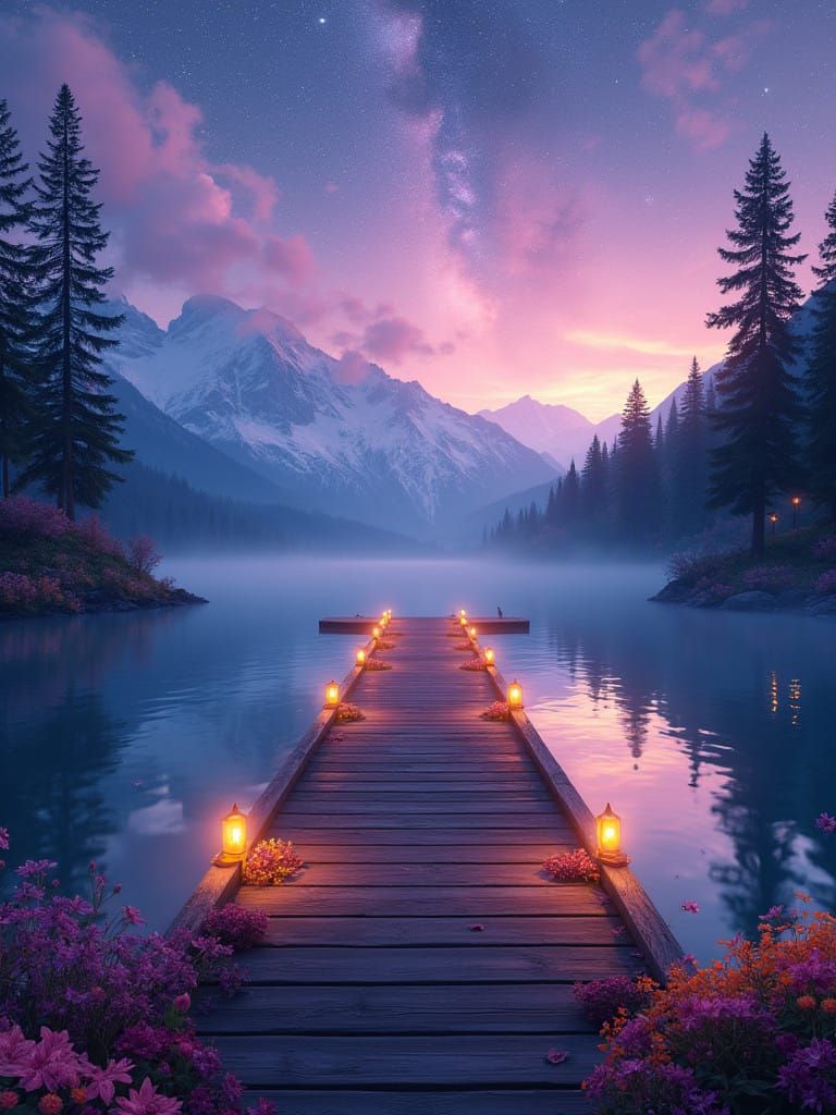 Serene Nighttime Lake Scene in Vibrant Hyper-Realistic Style