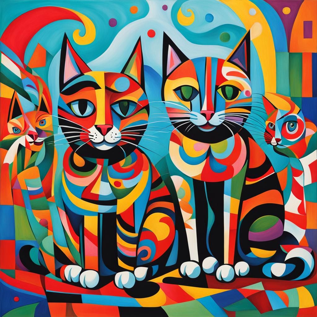 Cubist Cats Playing in a Colorful Candyland Wonderland