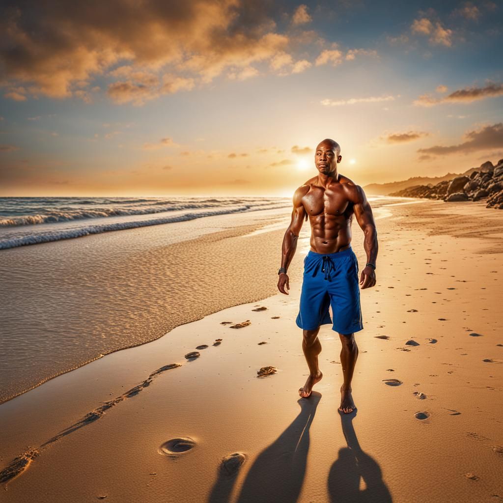 Hyperrealistic Photo of Fit Man Exercising on Beach