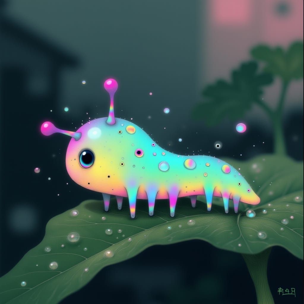 Bioluminescent Inchworm in Watercolor Art Style