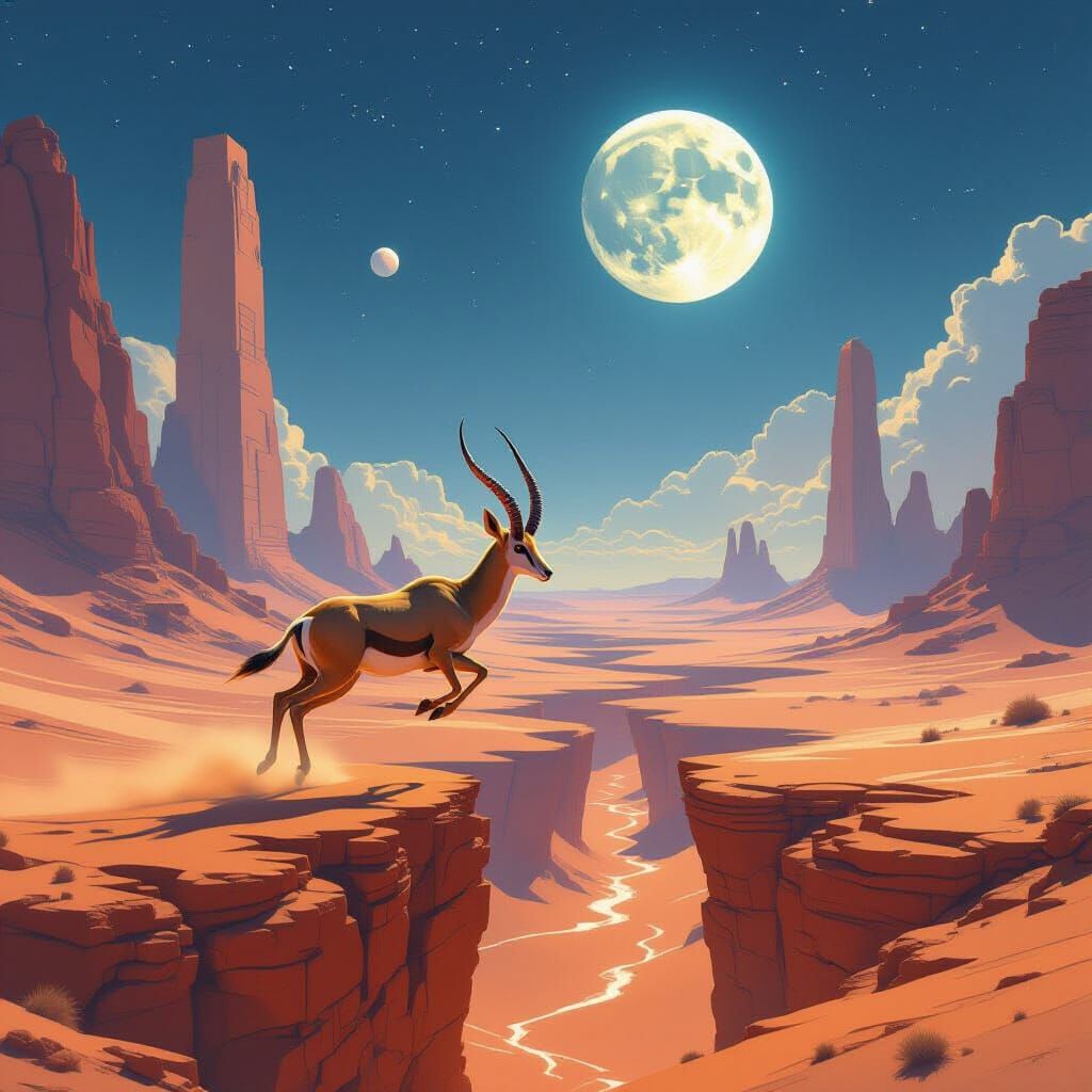 Futuristic Gazelle Leaps Desert Chasm Under Double Moon
