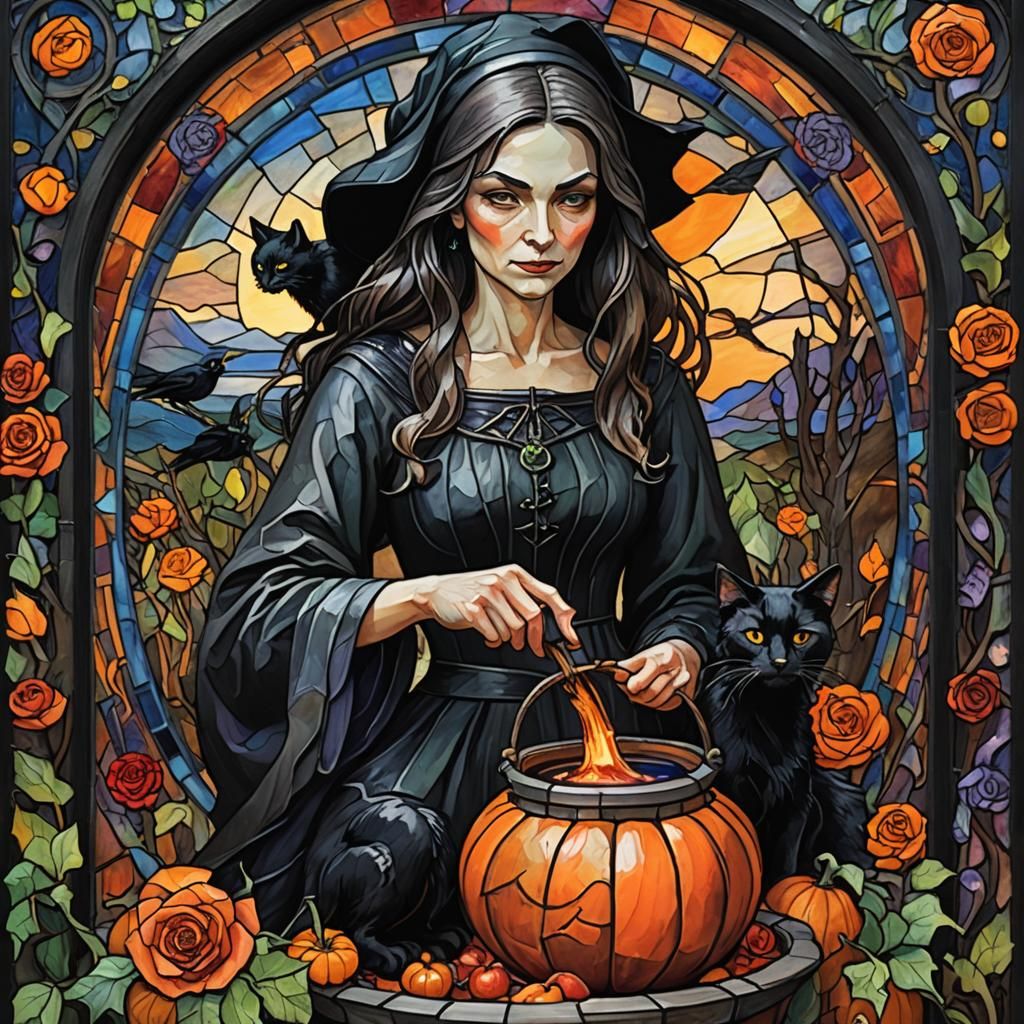 Stained Glass Witch Stirring Cauldron in Neo-Impressionism