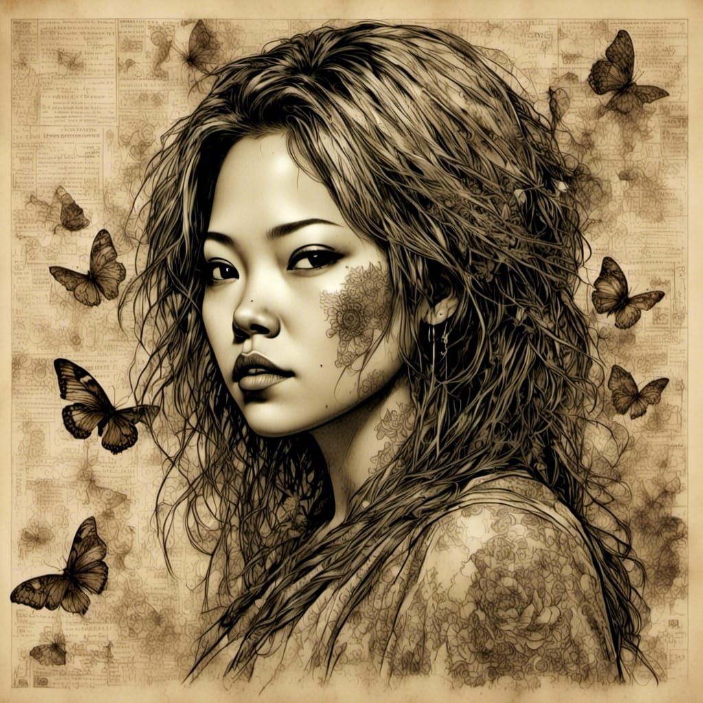 Detailed Portrait with Butterflies in Grunge Style