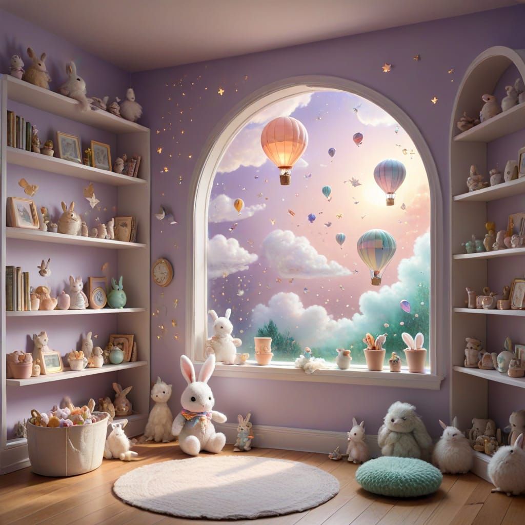 Magical Pastel Children's Room with Floating Bunny and Glowi...
