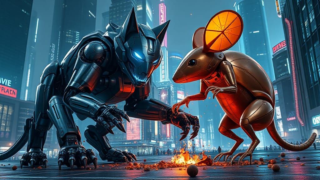 Mech Cat vs Mouse in Cyberpunk Cityscape