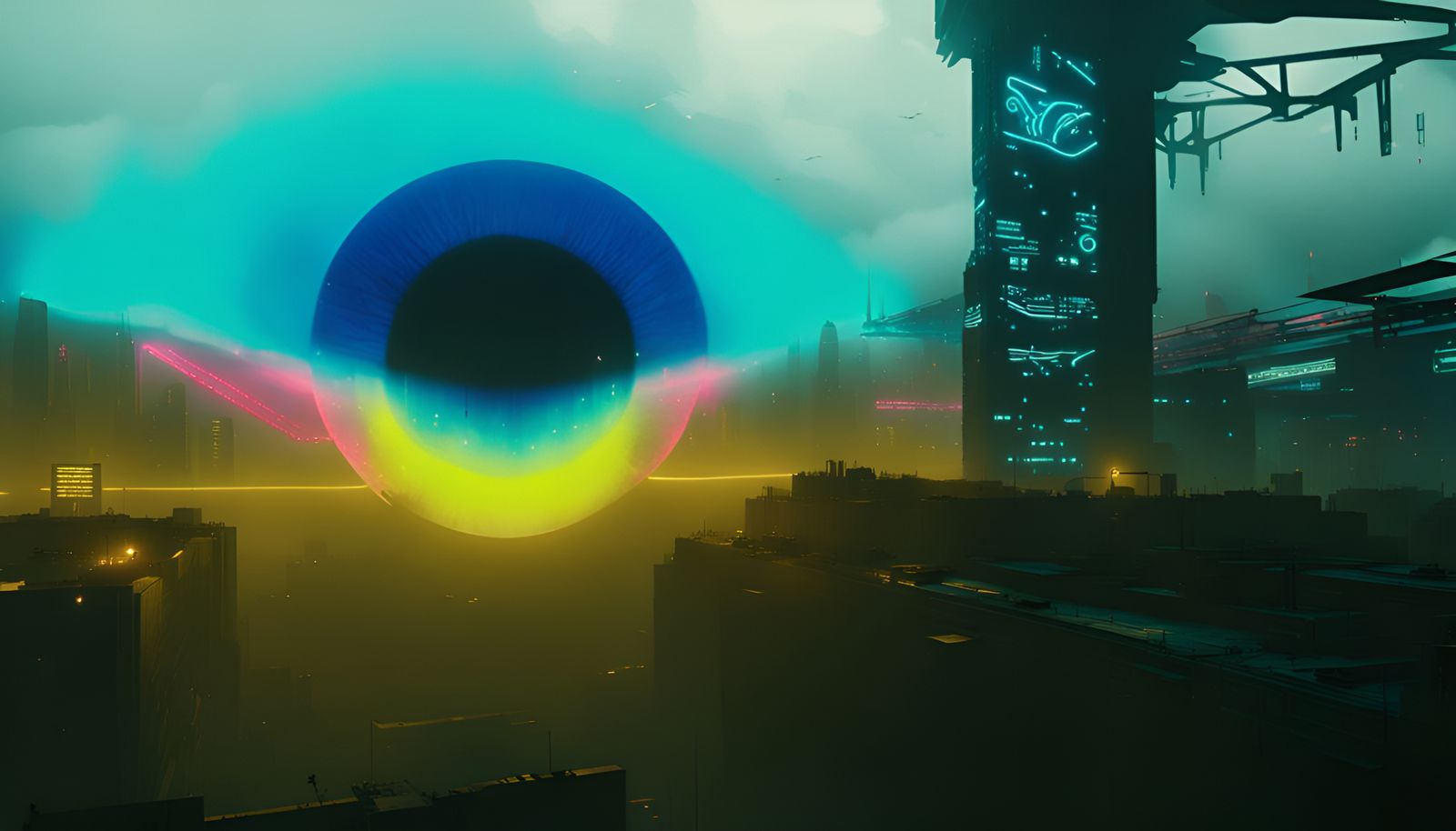 Cyberpunk Eye in the Sky over Neon City