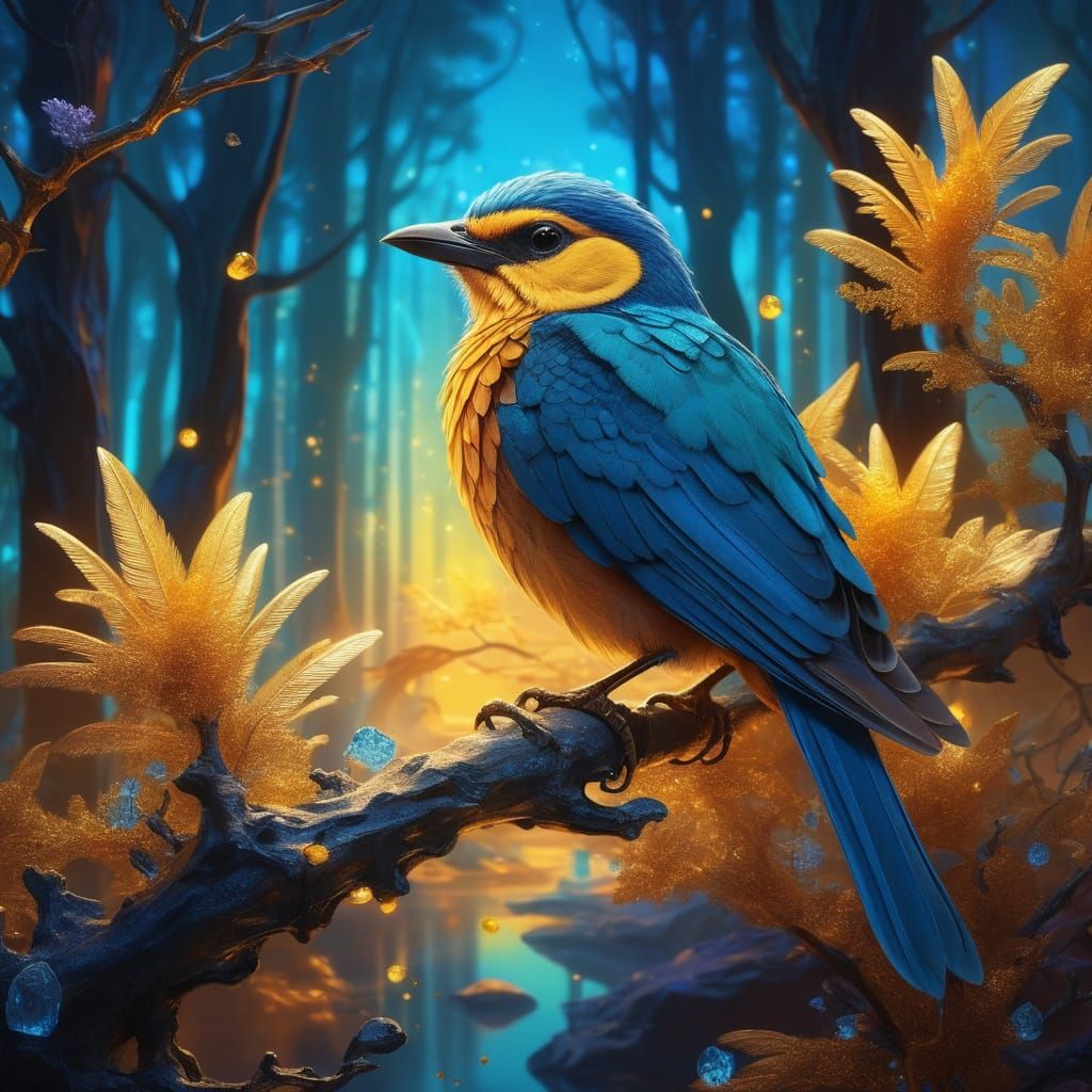 Golden Sapphire Bird Over Bioluminescent Forest