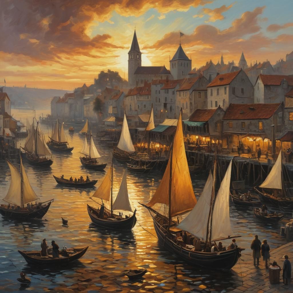 Medieval Harbor at Sunrise as Impressionist Oil Painting