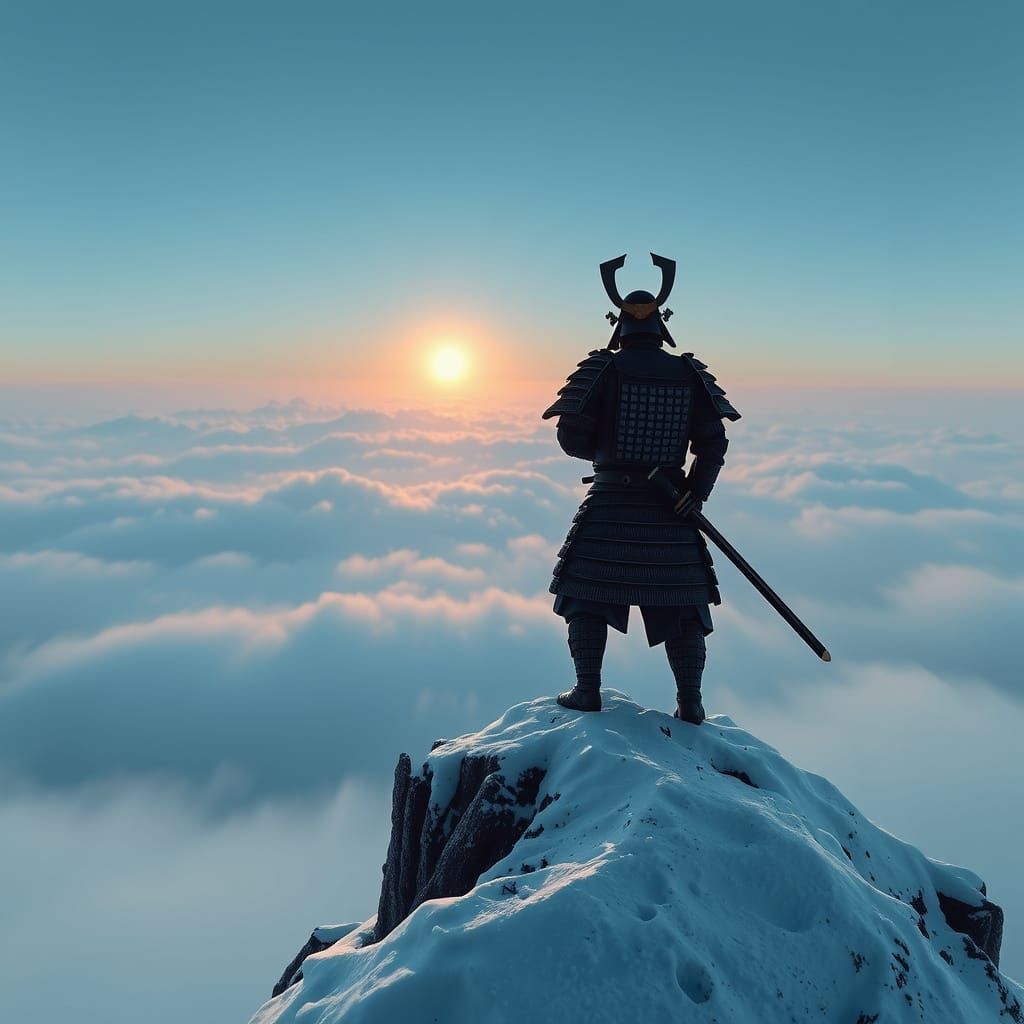 Samurai Warrior on Snowy Peak in Hyperrealism