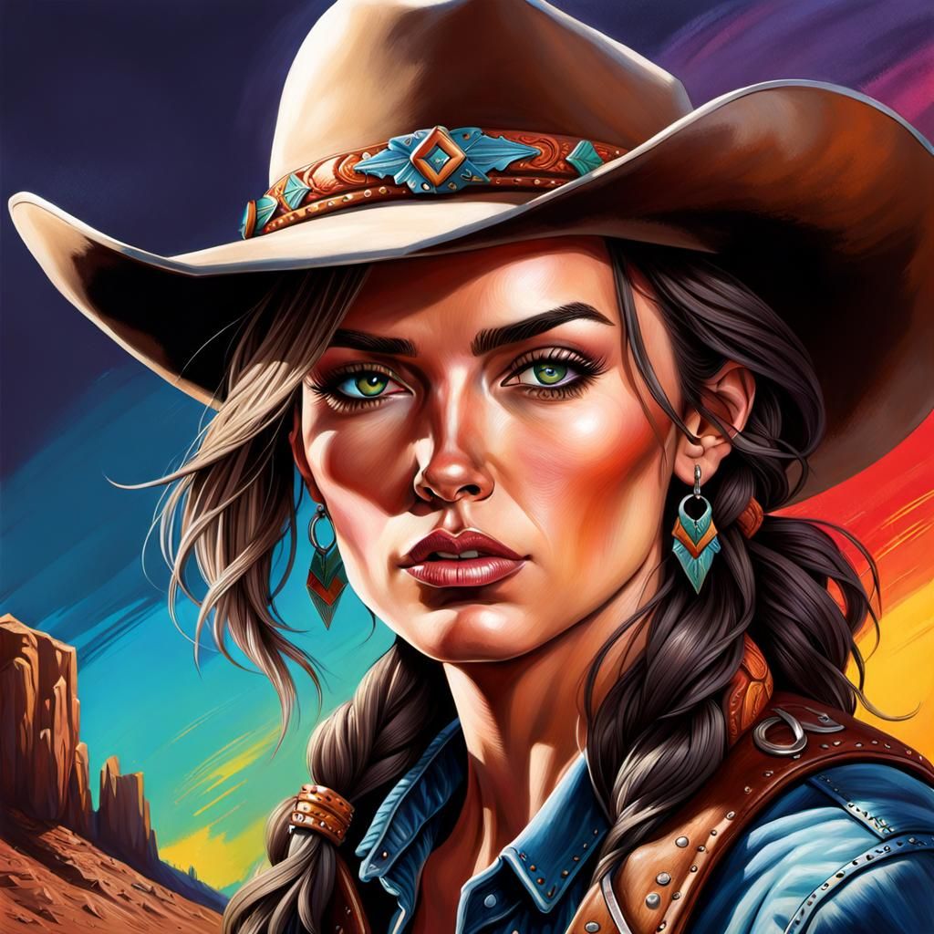 Hyperrealistic Outlaw Cowgirl with Colorful Background