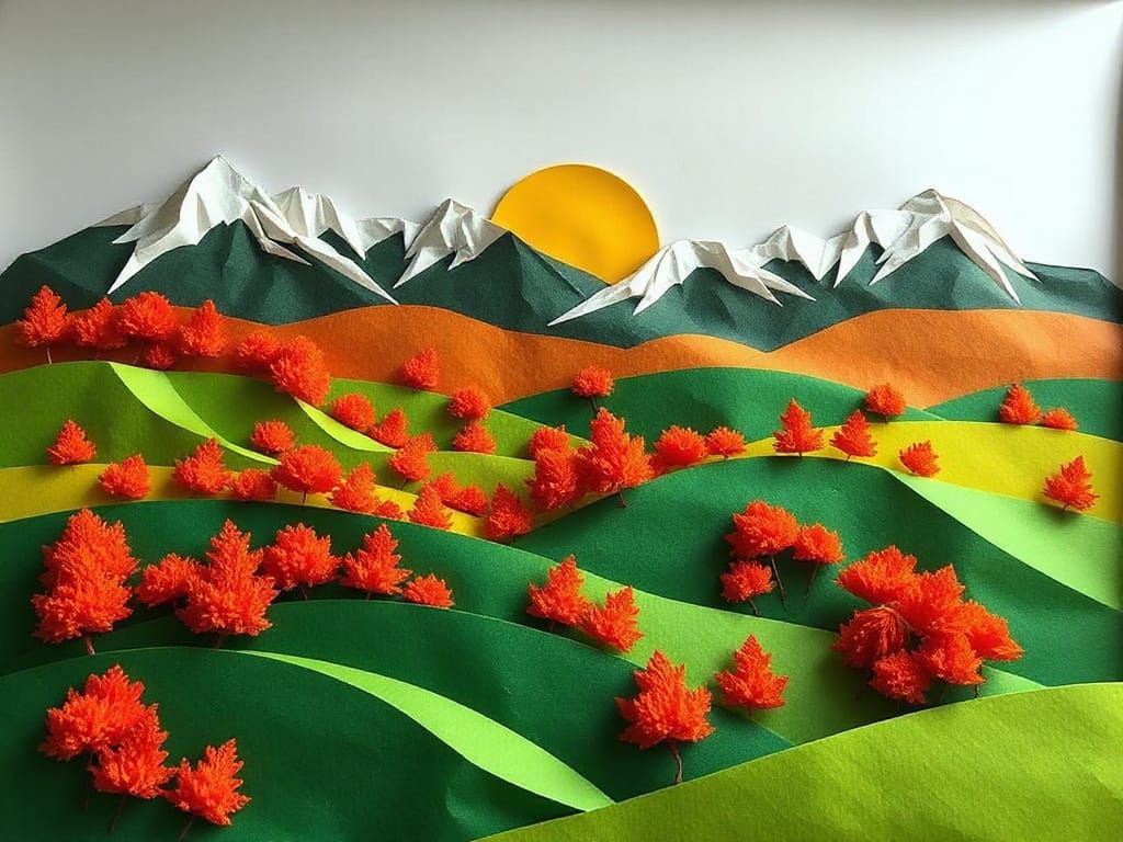 Origami Autumn Mountain Landscape with Warm Sunlight
