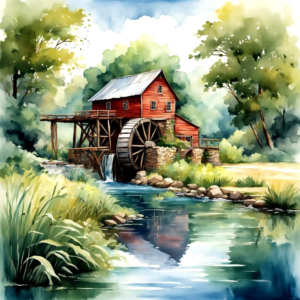 Boy Fishing by Waterwheel in a Serene Landscape